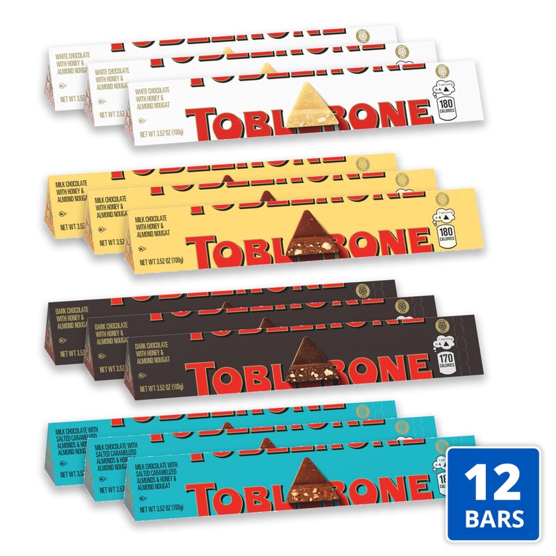 TOBLERONE Assorted Chocolate Bars Variety Pack (Milk, Dark, White, & Salted Caramelized Almonds), Bulk Chocolate, 12 - 3.52 oz Bars - Image 2
