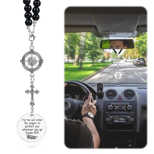 STHIRA® Guardian Angel Cross Car Mirror Hanging Car Charm with Psalm Verse Beaded Cross & Stainless Steel Compass Pendant for Rear Mirror Spiritual Car Hanging Accessories Interior Decor & Ideal Gift - Image 1