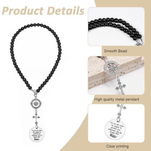 STHIRA® Guardian Angel Cross Car Mirror Hanging Car Charm with Psalm Verse Beaded Cross & Stainless Steel Compass Pendant for Rear Mirror Spiritual Car Hanging Accessories Interior Decor & Ideal Gift - Image 3