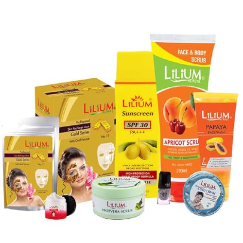 Lilium Gold Mask, Apricot Scrub, Face Wash, Gold Cream With Silver Sparkle Nail Paint Set of 8-GC656 - Image 1