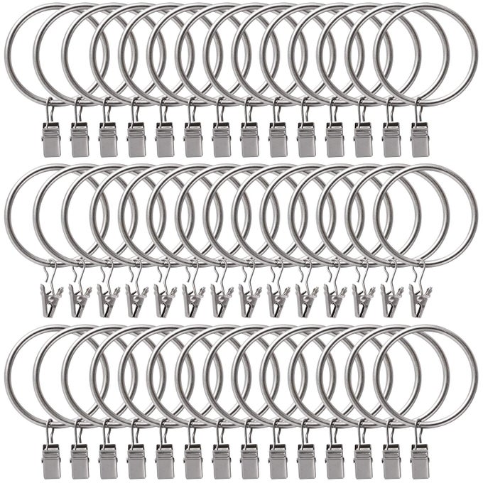 44 PACK CURTAIN RINGS WITH CLIPS HOOKS 15 INCH RUSTPROOF MATTE METAL STAINLESS STEEL DRAPERY RINGS FOR TENSION ROD BRACKET EYELETS DECORATIVE HANGERS MATTE SILVER 15 INTERIOR DIAMETER