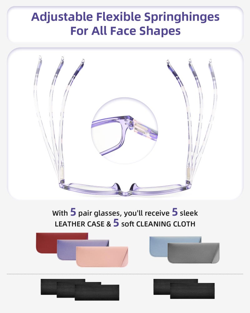 JOLISU Reading Glasses for Women Men - 5 Pack Ladies Fashion Blue Light Readers Computer Eyeglasses W/Spring Hinge (Mixcolor D, 1.5) - Image 5