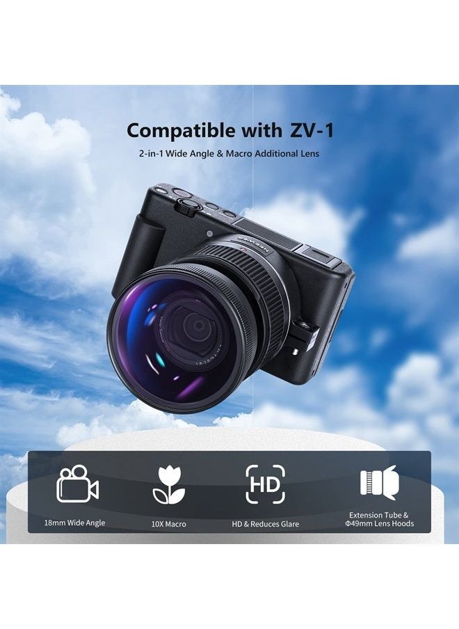 Neewer - NEEWER Wide Angle Lens Compatible with Sony ZV1 Camera, 2 in 1 18mm HD Wide Angle & 10x Macro Additional Lens with Extension Tube, Bayonet Mount Lens Adapter, Cleaning Cloth (Black Frame) - Image 1