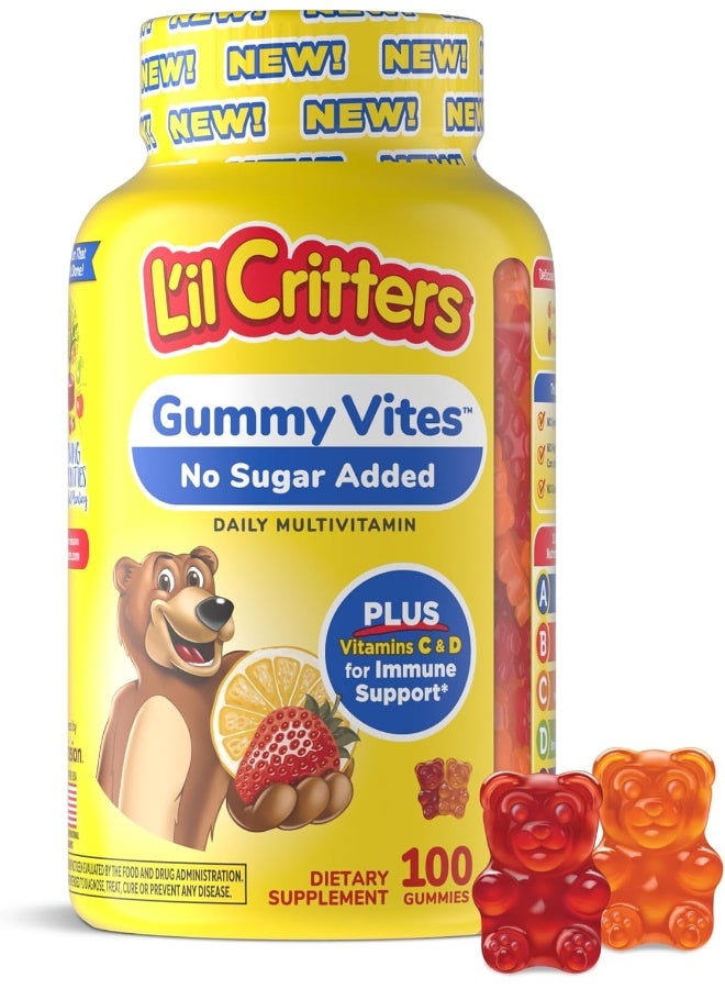 Lil Critters فيتامينات ليل كريترز جومي بدون سكر مضاف، فيتامينات متعددة يومية للأطفال من عمر 2+، فيتامين C وD3 لدعم المناعة، بنكهتي الفراولة والبرتقال، 100 جومي - Image 1