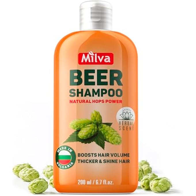 Milva BEER SHAMPOO FOR SHINY HAIR WITH HOP EXTRACT - 200ML HYDRATING THICKENING SHAMPOO FOR THINNING HAIR - GIVES STRENGTH, VOLUME & BOUNCE - NATURAL ITCHY SCALP TREATMENT - PARABENS AND SILICONE FREE - Image 1
