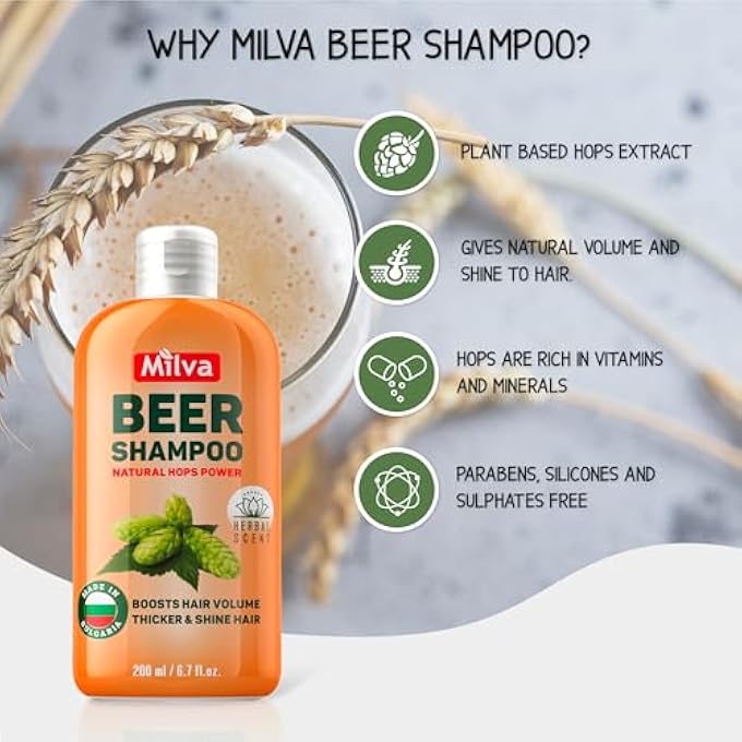 Milva BEER SHAMPOO FOR SHINY HAIR WITH HOP EXTRACT - 200ML HYDRATING THICKENING SHAMPOO FOR THINNING HAIR - GIVES STRENGTH, VOLUME & BOUNCE - NATURAL ITCHY SCALP TREATMENT - PARABENS AND SILICONE FREE - Image 3