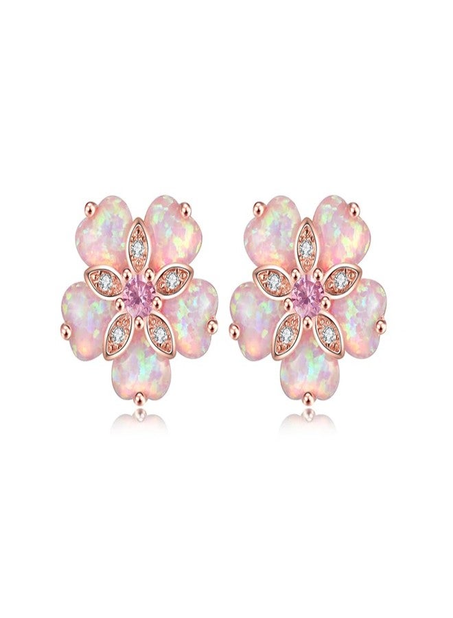 CiNily 14K Rose Gold Plated Flower Stud Earrings Womens Pink Opal Earrings Hypoallergenic Big Gemstone Stud Earrings 15 mm - Image 1