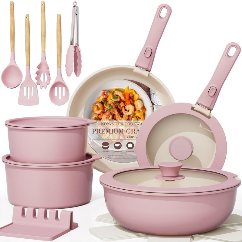 Astercook 21 Pcs Pots and Pans Non Stick Ceramic Cookware Set, Detachable Handles, RV Kitchen Cooking Set, Oven Safe, Induction Ready, Stackable, Pink - Image 1