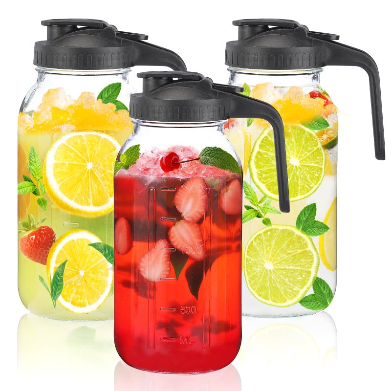 Glass Mason Jar Pitcher with Pour Spout Lid 64OZ Leakproof Wide Mouth Jugs for Cold Brew Coffee Breast Milk Storage Water Sets of 3