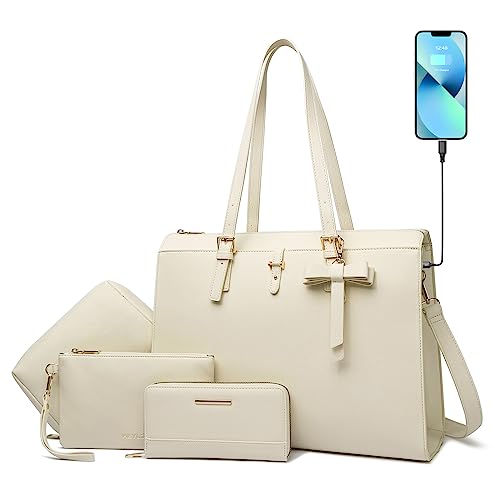 Keyli Laptop Tote Bag for Women Large Tote Bag Waterproof Leather Work Laptop Briefcase with Built-in USB Charging Port Computer Shoulder Bags Fits 15.6 Inch, Business Handbag Purse 4pcs Set Khaki - Image 1