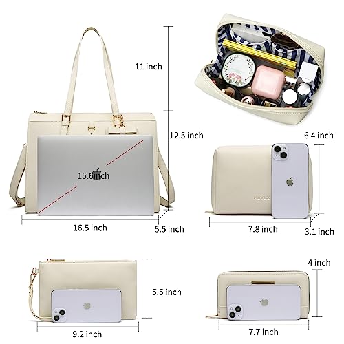 Keyli Laptop Tote Bag for Women Large Tote Bag Waterproof Leather Work Laptop Briefcase with Built-in USB Charging Port Computer Shoulder Bags Fits 15.6 Inch, Business Handbag Purse 4pcs Set Khaki - Image 3