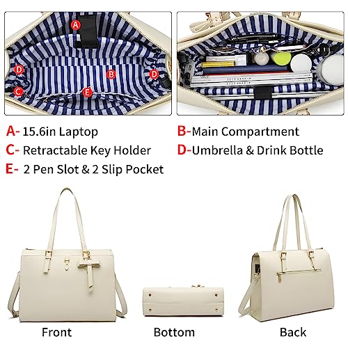 Keyli Laptop Tote Bag for Women Large Tote Bag Waterproof Leather Work Laptop Briefcase with Built-in USB Charging Port Computer Shoulder Bags Fits 15.6 Inch, Business Handbag Purse 4pcs Set Khaki - Image 4