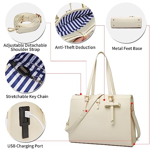 Keyli Laptop Tote Bag for Women Large Tote Bag Waterproof Leather Work Laptop Briefcase with Built-in USB Charging Port Computer Shoulder Bags Fits 15.6 Inch, Business Handbag Purse 4pcs Set Khaki - Image 5