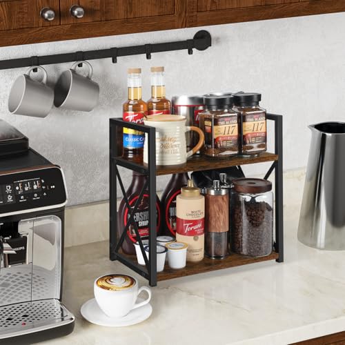 YINMIT Countertop Shelf Organizer,Coffee Bar Accessories,Spice Rack,Coffee Counter Shelf,2 Tier Coffee Organizer Station for Mugs,Cups,Cream,Syrup(Rustic Brown, Medium) - Image 2