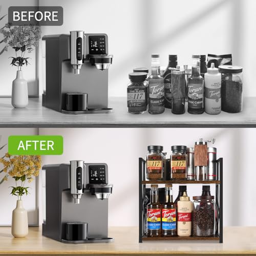 YINMIT Countertop Shelf Organizer,Coffee Bar Accessories,Spice Rack,Coffee Counter Shelf,2 Tier Coffee Organizer Station for Mugs,Cups,Cream,Syrup(Rustic Brown, Medium) - Image 5