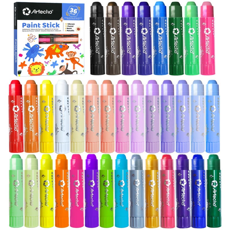 Artecho Tempera Paint Sticks, 36 Colors Washable Paint Sticks Including 12 Vibrant Colors, 12 Pastel Colors, 6 Neon Colors and 6 Metallic Colors - Image 1
