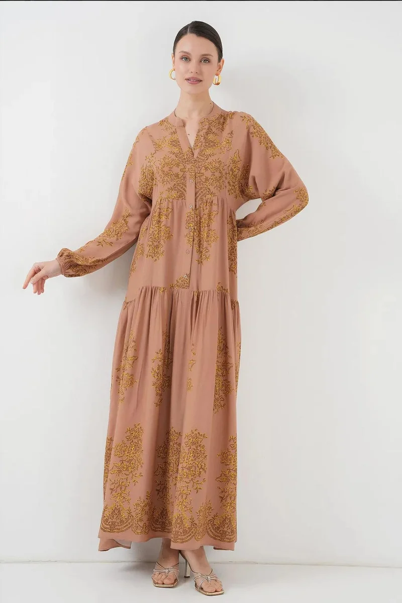 Big Dart taupe BDART Printed V-Neck Maxi Dress with Button Closure for Women | Best Price UAE