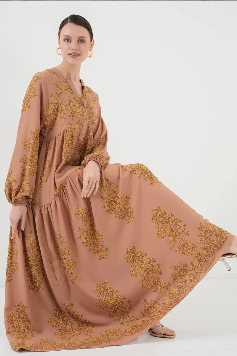 Big Dart taupe BDART Printed V-Neck Maxi Dress with Button Closure for Women | Best Price UAE