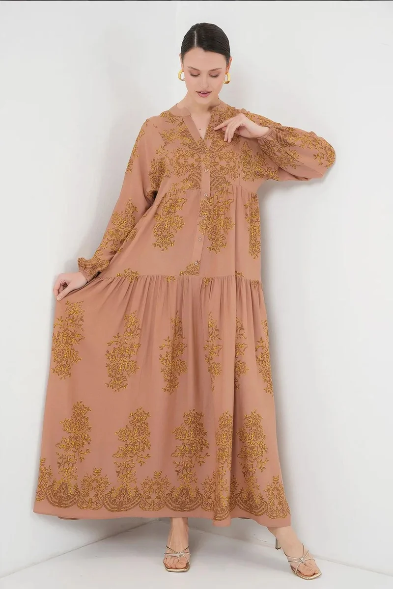 Big Dart taupe BDART Printed V-Neck Maxi Dress with Button Closure for Women | Best Price UAE