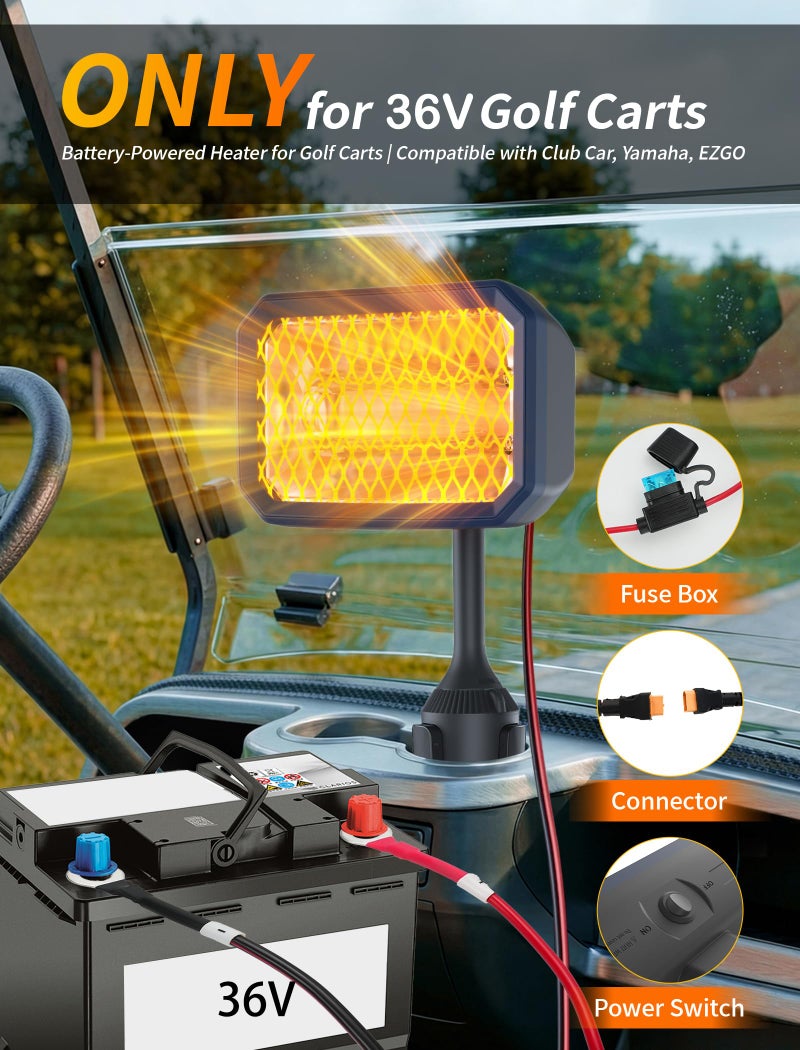 PUTTLAZR 36V Electric Golf Cart Heater with Mid-Cable Quick-Disconnect, 400W Safe & Fast Silent Carbon Fiber Heating, 360° Rotatable Head, Compatible with Club Car/Yamaha/EZGO, Golf Cart Accessories, Golf Gift - Image 2