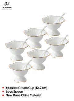 Life Smile LIFE SMILE 6 Pieces Ice Cream Bowl  with Spoon Set ,Gold Line White Round Serving Soup Bowls for Kitchen  - Image 2