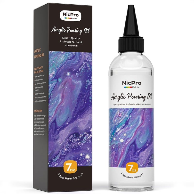 Nicpro زيت سيلكون نيكبرو 7 أونصات للتلوين، منشط خلايا دراماتيكي لتقنية صب الطلاء الأكريلي، وسط سيلكون 100% متوافق مع جميع أنواع الطلاء الأكريلي أو الألوان المائية - Image 1