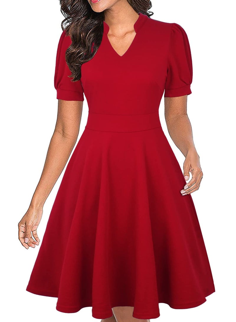 Mokayee Red Dress Womens Valentines Day Summer V Neck Short Sleeve Semi-Formal A-line Fit and Flare Cocktail Vintage Church Casual Business Office Cute Interview Teacher Easter Work Dresses with Pockets XL - Image 1