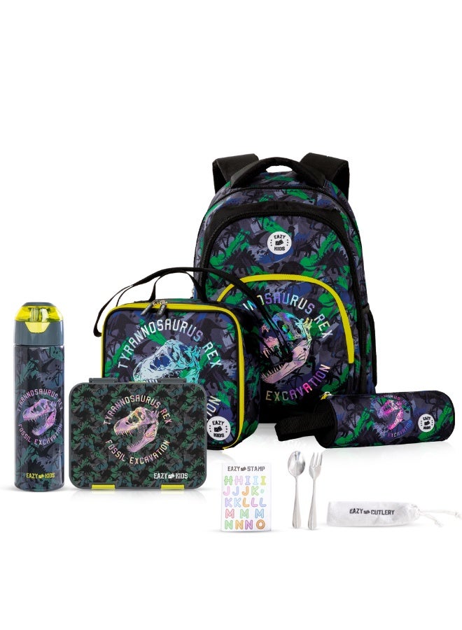 Eazy Kids 17" Set of 5 Backpack w/ Water Bottle, Lunch Box, Lunch Bag and Pencil Case - T-Rex - Image 1