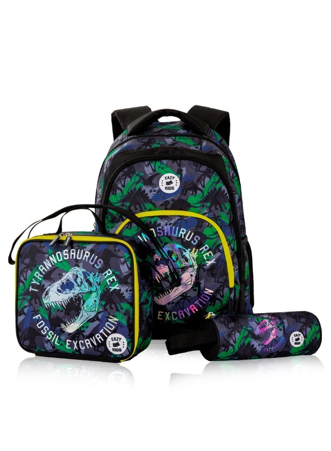 Eazy Kids 17" Set of 5 Backpack w/ Water Bottle, Lunch Box, Lunch Bag and Pencil Case - T-Rex - Image 2