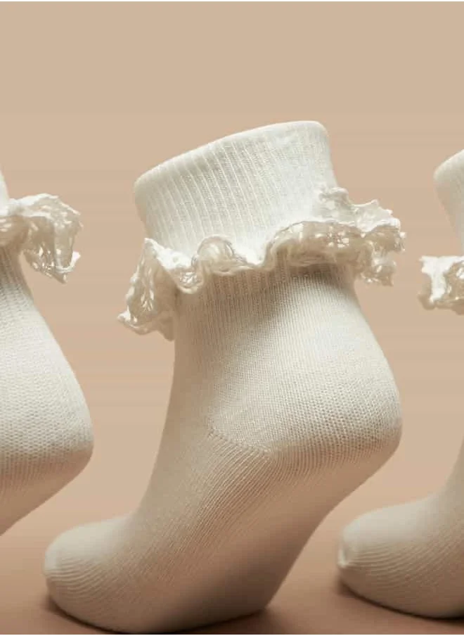 Little Missy Girls Ruffle Detail Ankle Length Socks - Set of 3