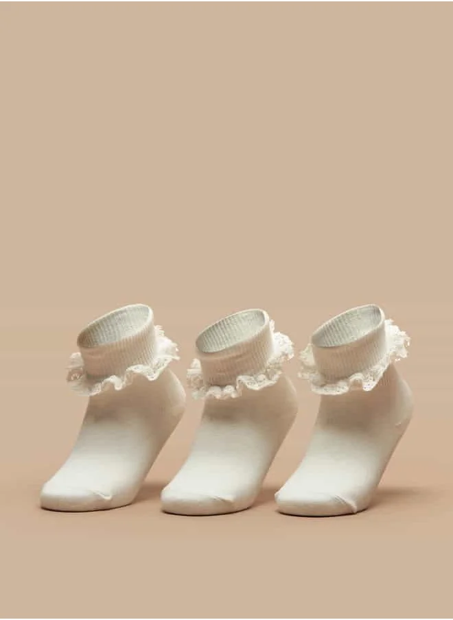 Little Missy Girls Ruffle Detail Ankle Length Socks - Set of 3