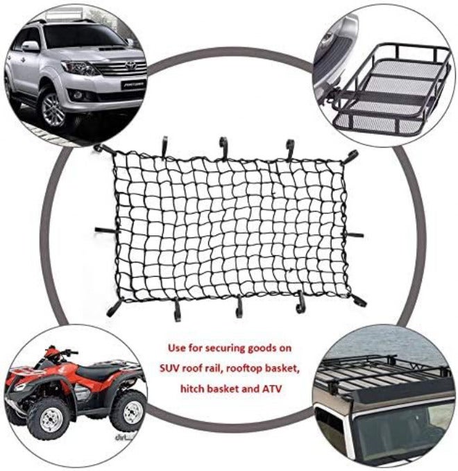CZC AUTO 56×96.5 سم شبكة شحن مطاطية سوداء من اللاتكس قابلة للتمدد إلى 112×193 سم، شبكة أمتعة بشبكة صغيرة 5×5 سم و12 خطافًا بلاستيكيًا قابلًا للتعديل لحامل السقف وحامل السقف وقضبان السقف وصندوق السيارة الرياضية متعددة الاستخدامات - Image 5