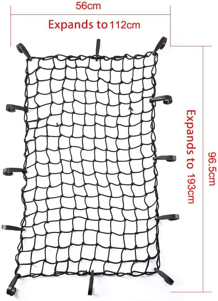 CZC AUTO 56×96.5 سم شبكة شحن مطاطية سوداء من اللاتكس قابلة للتمدد إلى 112×193 سم، شبكة أمتعة بشبكة صغيرة 5×5 سم و12 خطافًا بلاستيكيًا قابلًا للتعديل لحامل السقف وحامل السقف وقضبان السقف وصندوق السيارة الرياضية متعددة الاستخدامات - Image 2