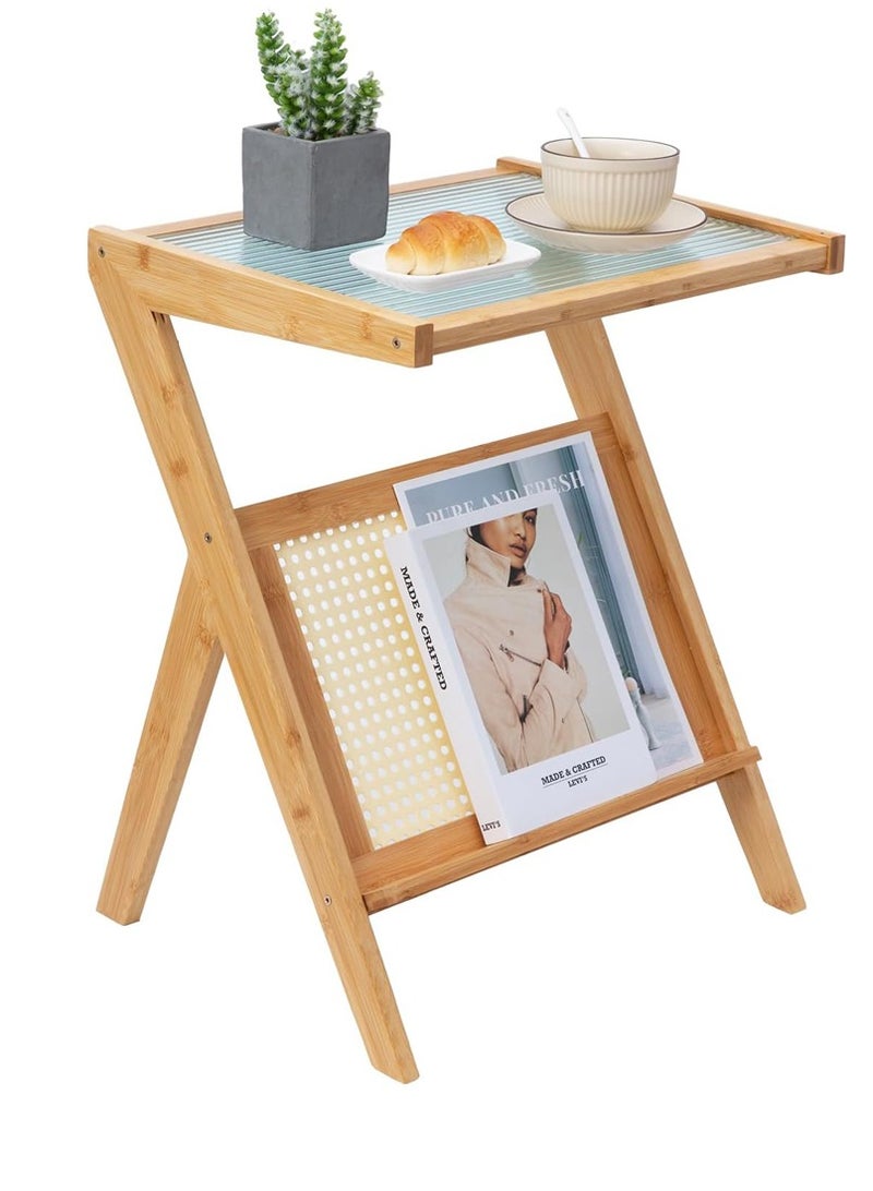 𝐅𝐅𝐃 Bamboo Side Table with Glass Top & Magazine Rack – Modern Z-Shaped End Table, Compact & Sturdy Nightstand, No Assembly Required, Natural Wood Accent for Living Room, Bedroom & Office - Image 1