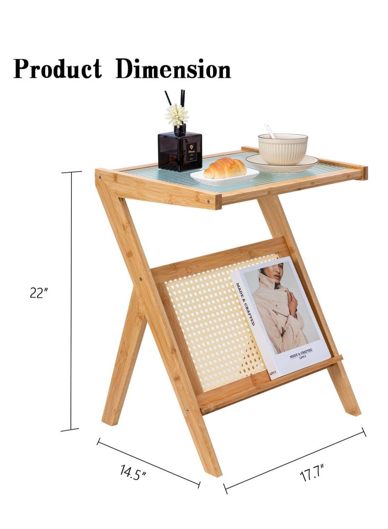𝐅𝐅𝐃 Bamboo Side Table with Glass Top & Magazine Rack – Modern Z-Shaped End Table, Compact & Sturdy Nightstand, No Assembly Required, Natural Wood Accent for Living Room, Bedroom & Office - Image 2