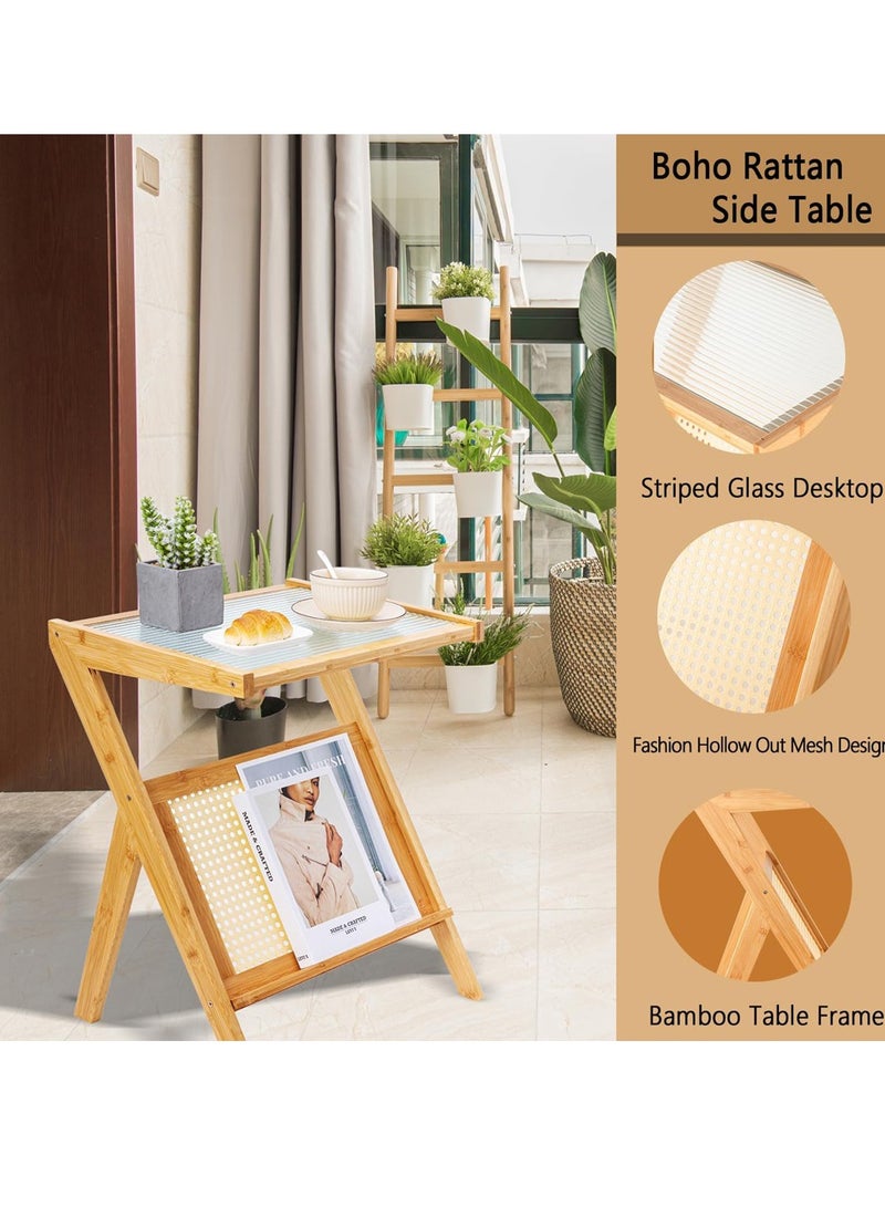 𝐅𝐅𝐃 Bamboo Side Table with Glass Top & Magazine Rack – Modern Z-Shaped End Table, Compact & Sturdy Nightstand, No Assembly Required, Natural Wood Accent for Living Room, Bedroom & Office - Image 3