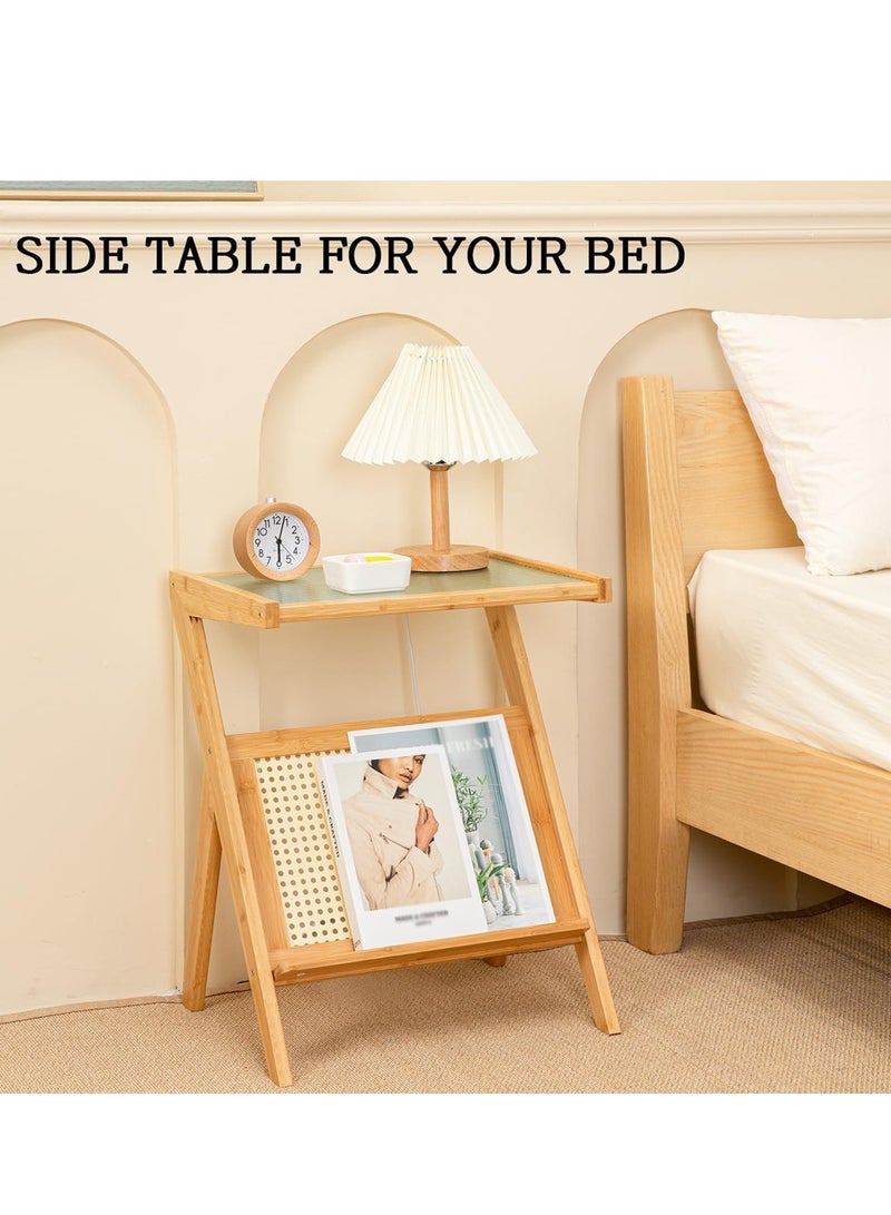 𝐅𝐅𝐃 Bamboo Side Table with Glass Top & Magazine Rack – Modern Z-Shaped End Table, Compact & Sturdy Nightstand, No Assembly Required, Natural Wood Accent for Living Room, Bedroom & Office - Image 5