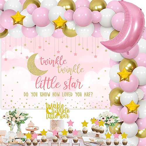 Cheereveal Twinkle Twinkle Little Star Baby Shower Decorations Girl Pink White and Gold Balloon Garland Kit Star and Moon Foil Balloons Backdrop Cake Toppers - Image 1