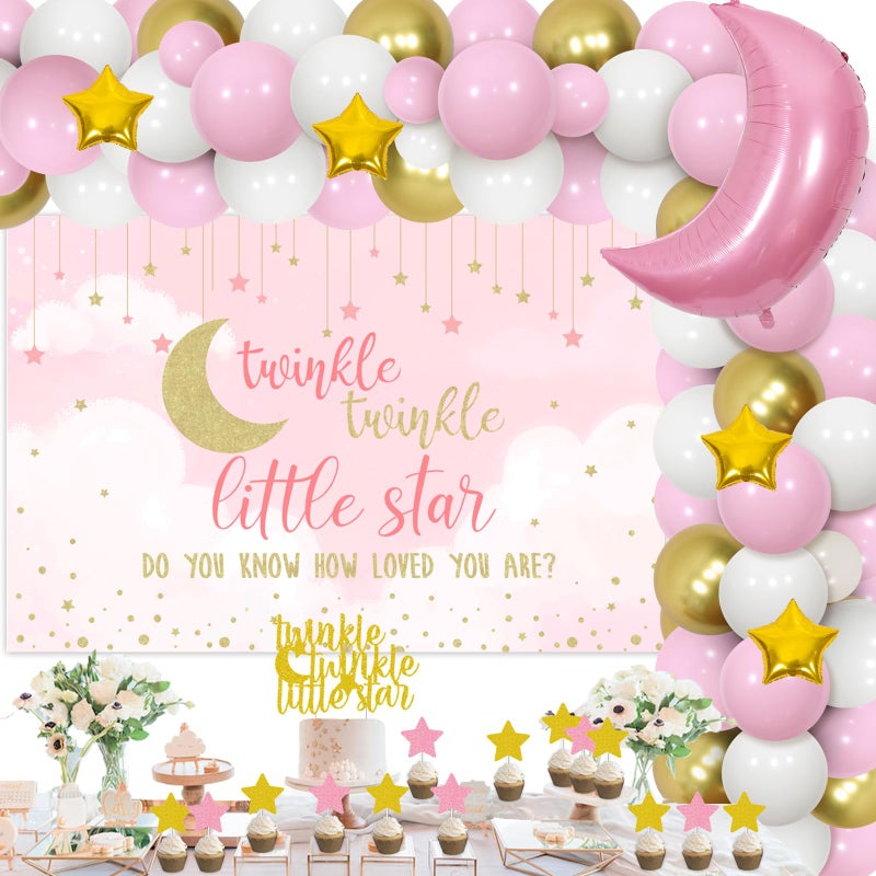 Cheereveal Twinkle Twinkle Little Star Baby Shower Decorations Girl Pink White and Gold Balloon Garland Kit Star and Moon Foil Balloons Backdrop Cake Toppers - Image 3