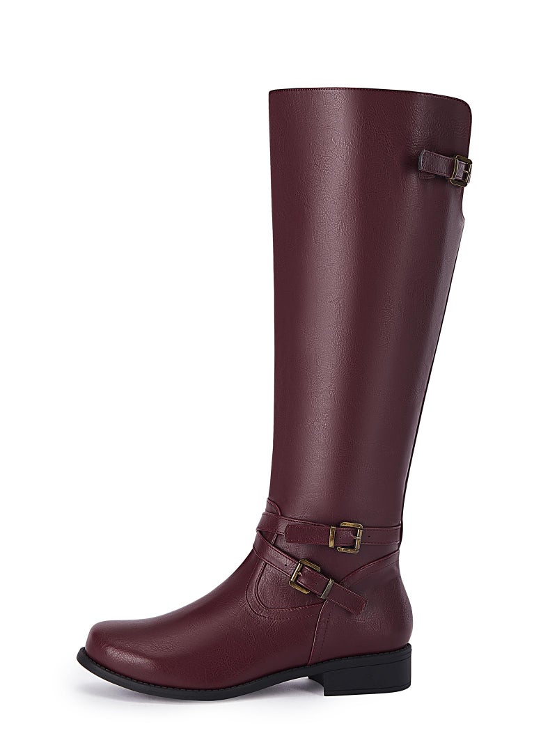Ermonn Womens Knee High Boots Wide Calf Flat Low Heel Side Zipper Faux Leather Fashion Winter Riding Boot - Image 5