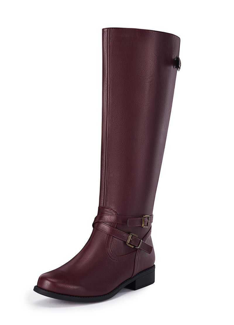 Ermonn Womens Knee High Boots Wide Calf Flat Low Heel Side Zipper Faux Leather Fashion Winter Riding Boot - Image 1