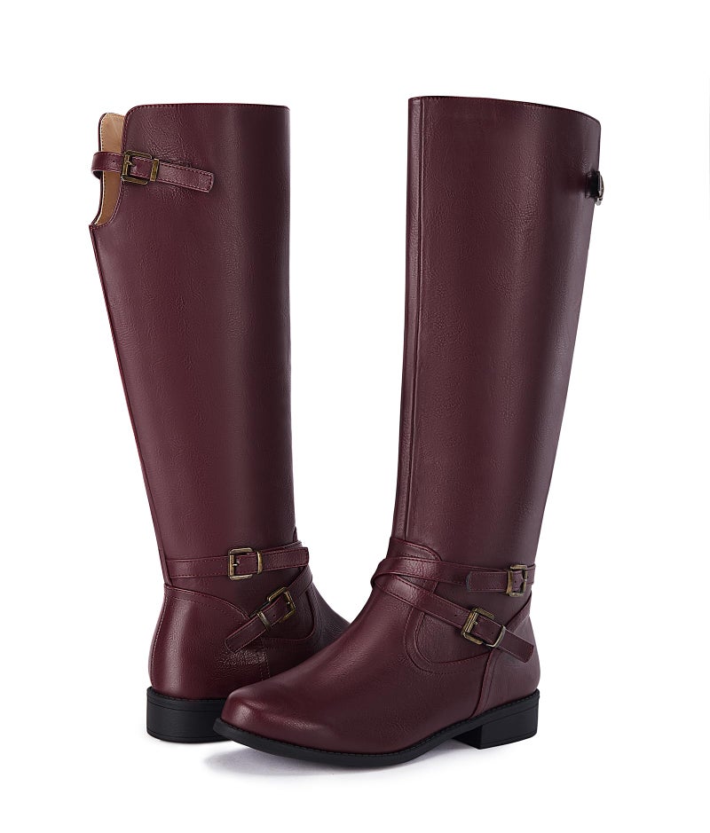 Ermonn Womens Knee High Boots Wide Calf Flat Low Heel Side Zipper Faux Leather Fashion Winter Riding Boot - Image 4