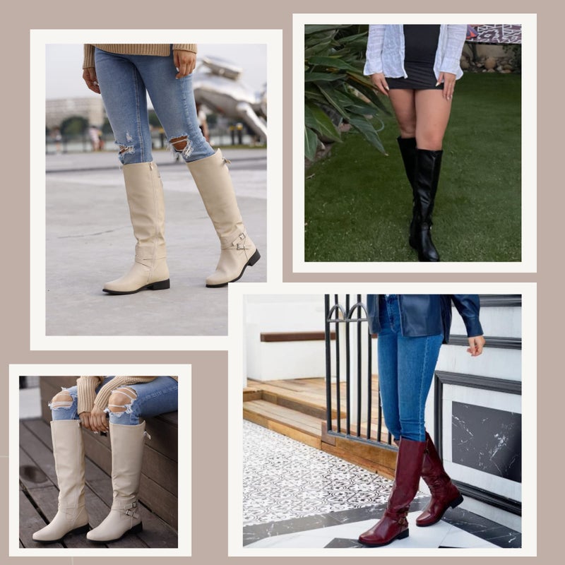 Ermonn Womens Knee High Boots Wide Calf Flat Low Heel Side Zipper Faux Leather Fashion Winter Riding Boot - Image 2