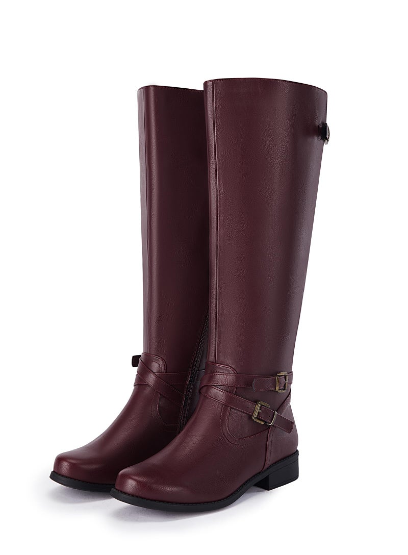 Ermonn Womens Knee High Boots Wide Calf Flat Low Heel Side Zipper Faux Leather Fashion Winter Riding Boot - Image 3