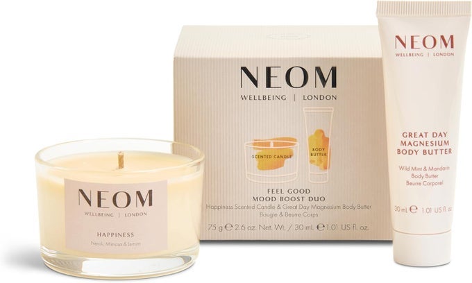 FEEL GOOD MOOD BOOST DUO GIFT SET I CONTAINS HAPPINESS TRAVEL CANDLE 75G GREAT DAY MAGNESIUM BODY BUTTER 30ML I 100 NATURAL SCENT I SPRINKLE HAPPY VIBES