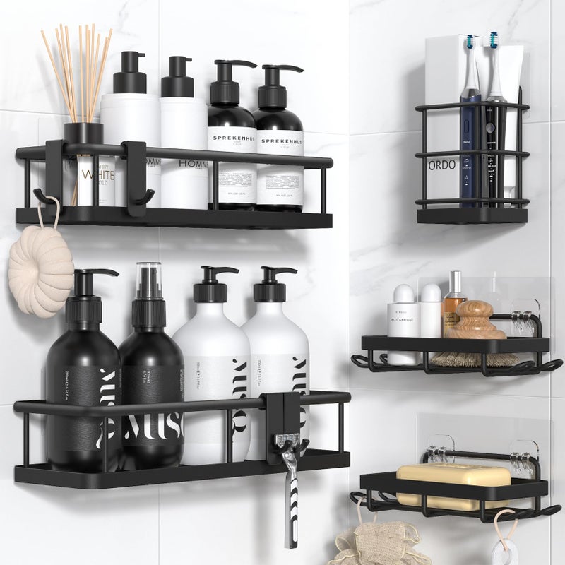 YASONIC Shower Caddy Adhesive 5 Pack  No Drill Bathroom Shower Organizers with Removable Hooks  Rust Proof Shower Shelves for inside Shower  Wall-Mounted Shower Holder  Black - Image 1
