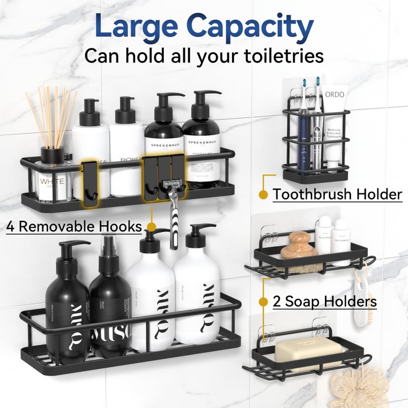 YASONIC Shower Caddy Adhesive 5 Pack  No Drill Bathroom Shower Organizers with Removable Hooks  Rust Proof Shower Shelves for inside Shower  Wall-Mounted Shower Holder  Black - Image 4