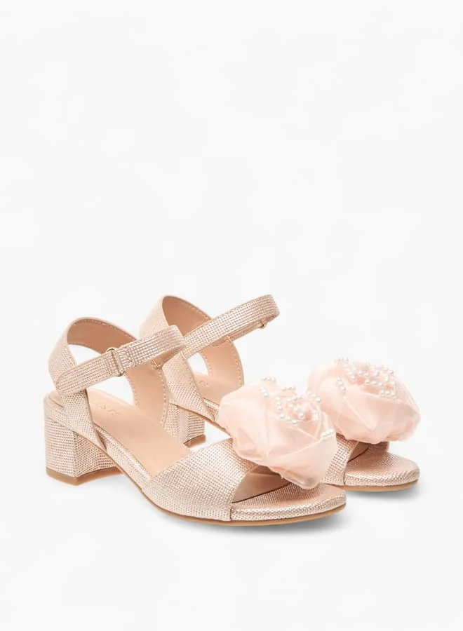 Celeste Girls Floral Applique Block Heel Sandals With Hook And Loop Closure