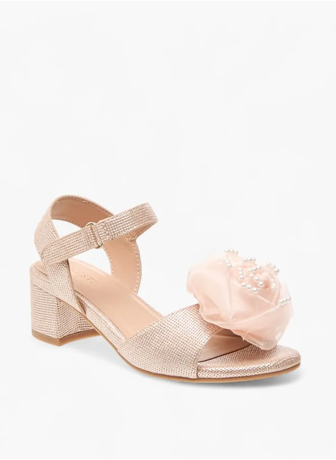 Celeste Girls Floral Applique Block Heel Sandals With Hook And Loop Closure