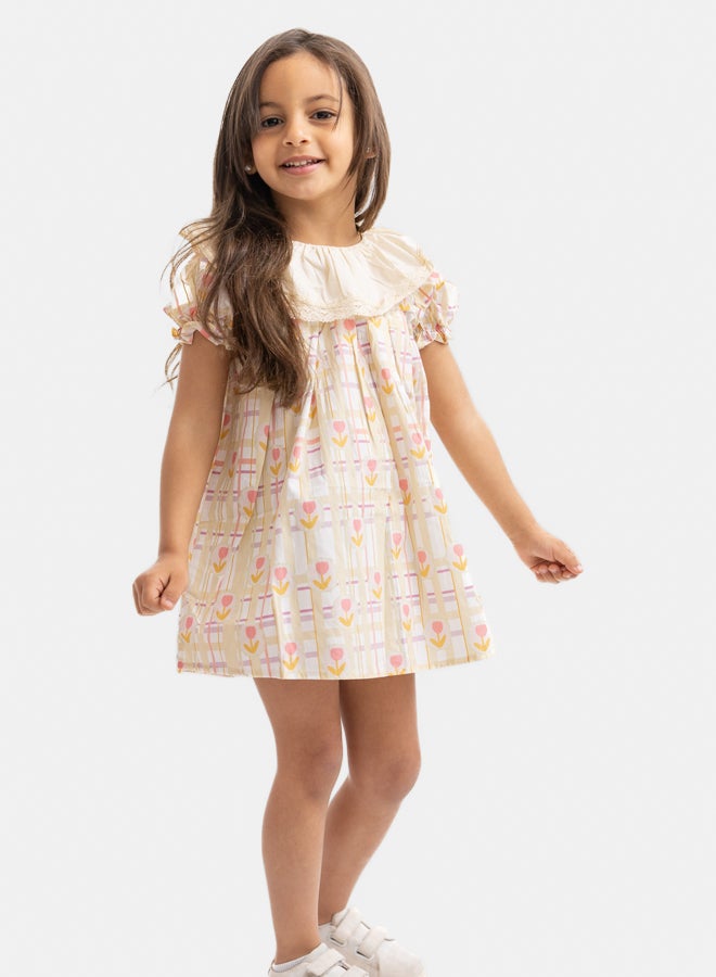 فستان بيج قصير الأكمام للبنات بطبعة زهور